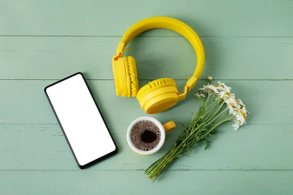 Modern Mobile Phone Headphones Flowers Cup Coffee Color Wooden Background — Stock Photo, Image