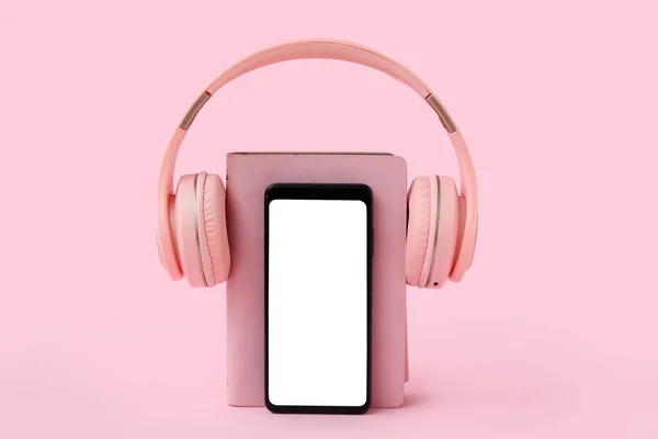 Modern Mobile Phone Headphones Notebook Color Background — Stock Photo, Image