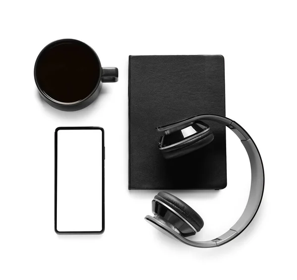 Modern Mobile Phone Headphones Book Cup Coffee White Background — Stock Photo, Image