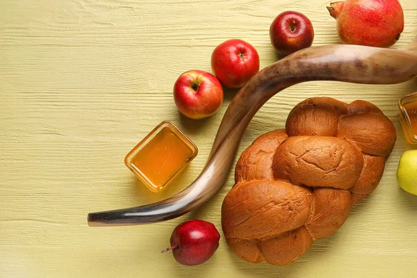 Szimbólumok Rosh Hashanah Zsidó Újév Színes Háttér — Stock Fotó