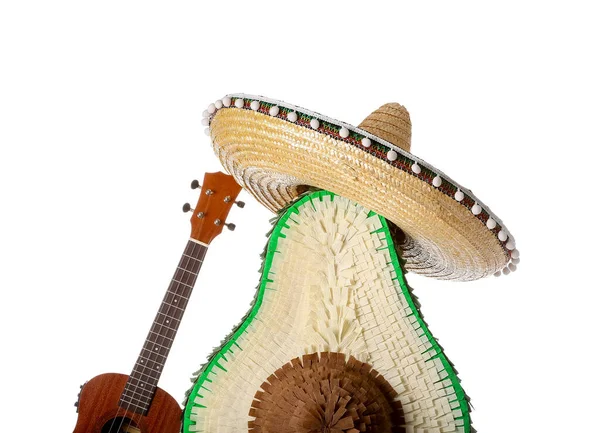 Chapéu Sombrero Com Pinata Mexicana Guitarra Sobre Fundo Branco — Fotografia de Stock