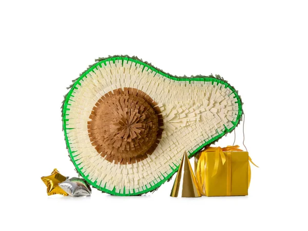 Mexicaanse Pinata Met Feestmuts Ballonnen Cadeau Witte Achtergrond — Stockfoto