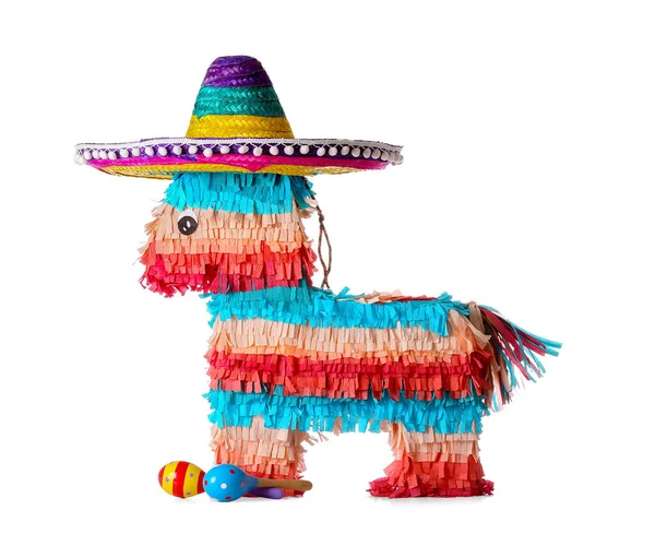 Mexikanische Pinata Mit Maracas Und Sombrero Hut Auf Weißem Hintergrund — Stockfoto