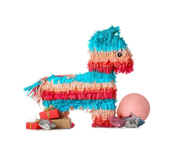 Pinata Mexicaine Avec Ballons Cadeaux Sur Fond Blanc — Photo