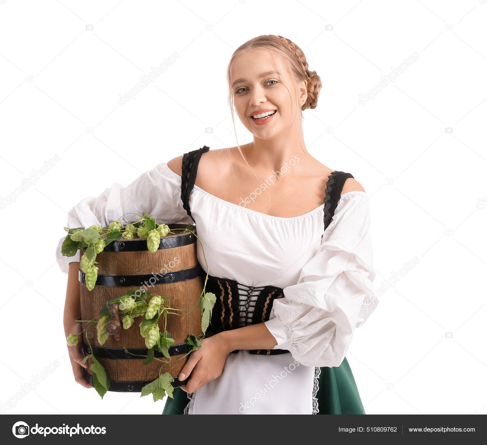 Hermosa Mujer Traje Tradicional Alemán Con Barril Cerveza Sobre Fondo:  fotografía de stock © serezniy #510809762 | Depositphotos