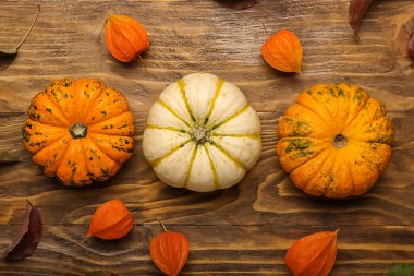 Ahşap arka planda farklı balkabakları ve bitki salgıları