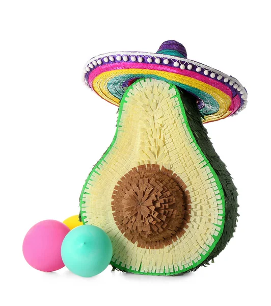 Pinata Messicana Con Cappello Sombrero Palloncini Sfondo Bianco — Foto Stock