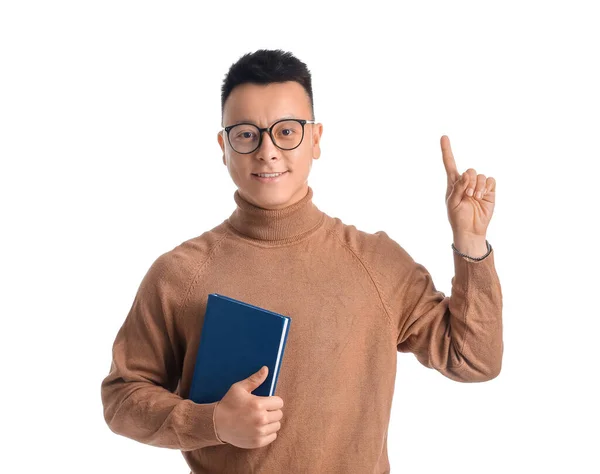 Porträt Eines Asiatischen Lehrers Mit Erhobenem Zeigefinger Auf Weißem Hintergrund — Stockfoto