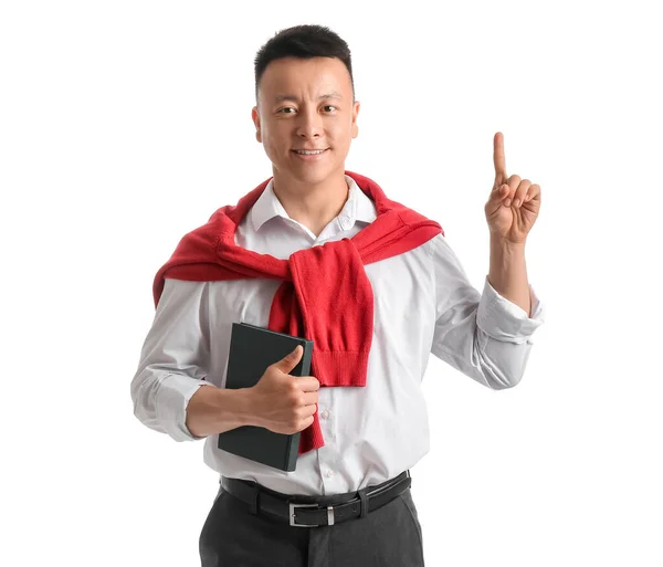 Портрет Вчителя Азії Піднятим Вказівним Пальцем Білому Тлі — стокове фото
