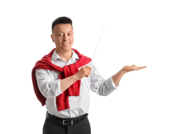 Portrait Asian Teacher Showing Something White Background — Stock Photo, Image