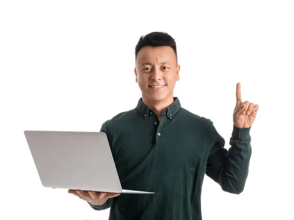 Portrait Asian Teacher Laptop Raised Index Finger White Background — Stock Photo, Image