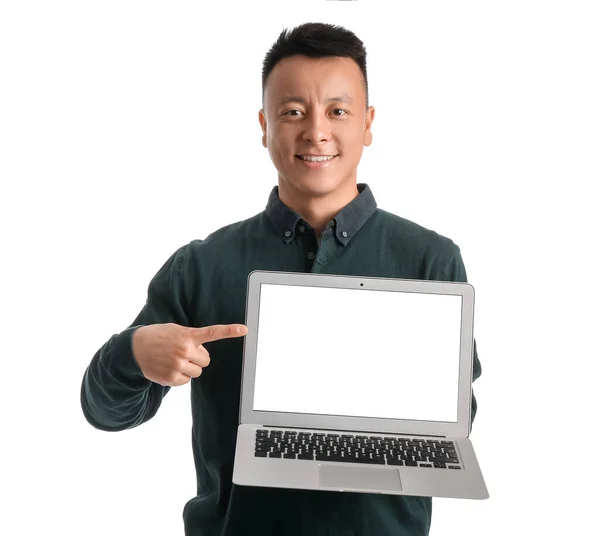 Portrait Asian Teacher Laptop White Background — Stock Photo, Image