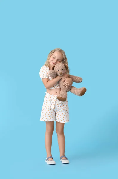 Cute Little Girl Toy Bear Color Background — Stock Photo, Image