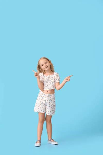 Cute Little Girl Pointing Something Color Background — Stock Photo, Image