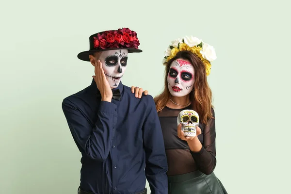 Young Couple Painted Skull Faces Color Background Celebration Mexico Day — Stock Photo, Image