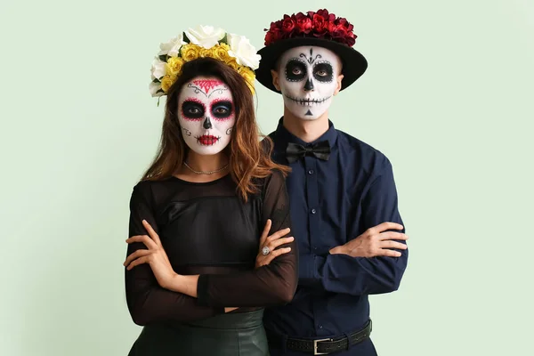 Young Couple Painted Skull Faces Color Background Celebration Mexico Day — Stock Photo, Image