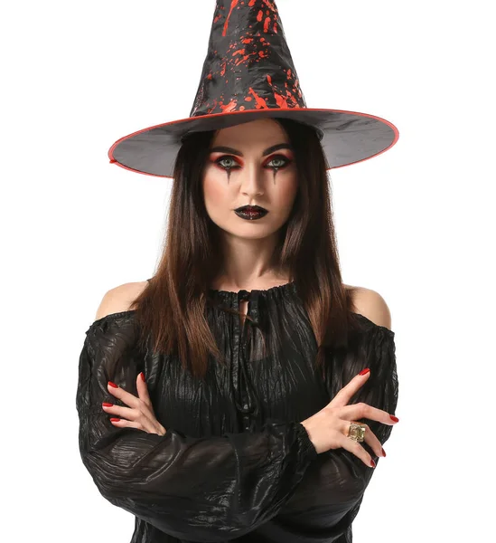 Hermosa Mujer Vestida Bruja Para Halloween Sobre Fondo Blanco — Foto de Stock