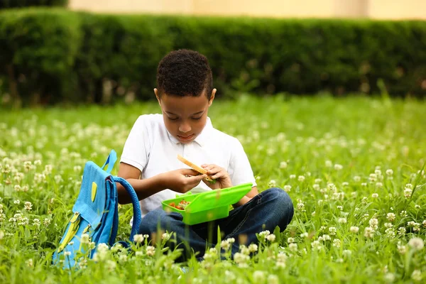 Cute Little Boy Having School Lunch Outdoors — Stock Photo, Image