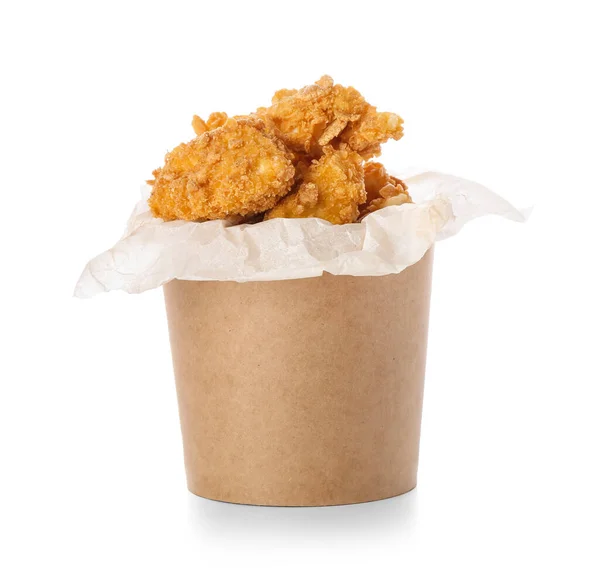 Paper Bucket Tasty Fried Popcorn Chicken White Background — Stock Photo, Image