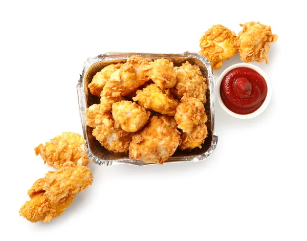 Foil Container Tasty Fried Popcorn Chicken Sauce White Background — Stock Photo, Image