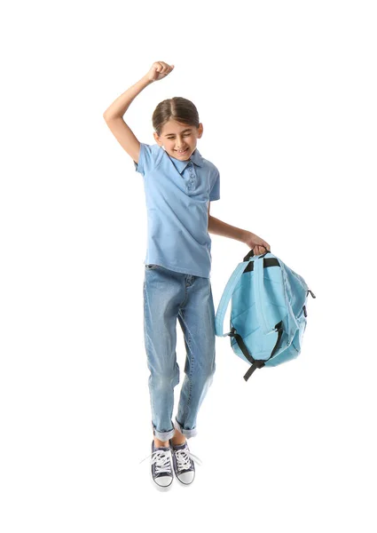Springende Schülerin Mit Rucksack Auf Weißem Hintergrund — Stockfoto