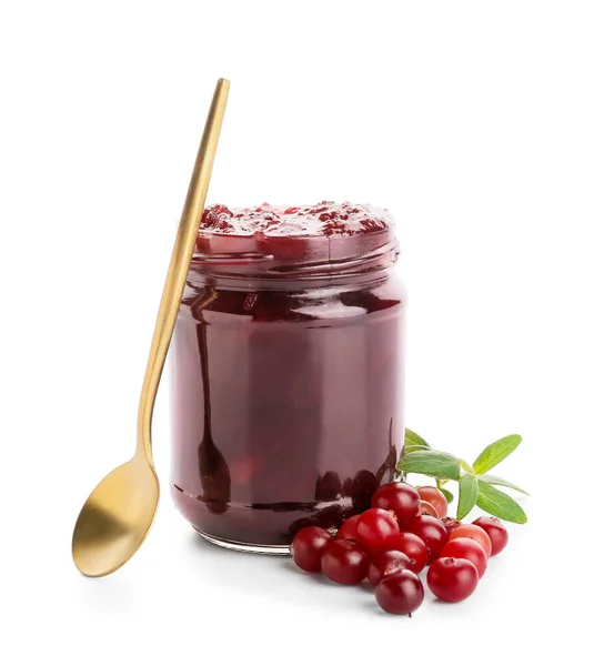 Glass Jar Tasty Cranberry Jam Berries White Background — Stock Photo, Image