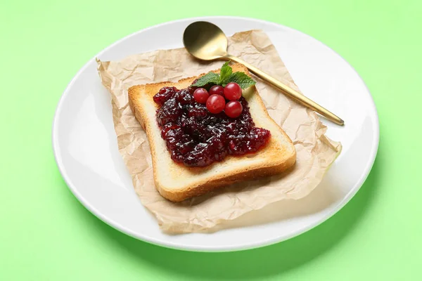 Delicious Toast Cranberry Jam Plate Color Background Closeup — Stock Photo, Image