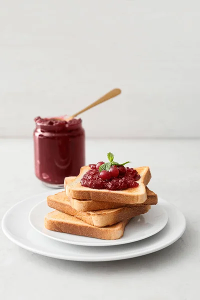 Plate Toasts Cranberry Jam Table — Stock Photo, Image