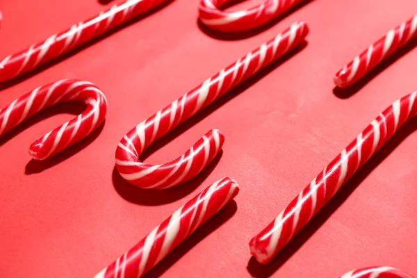 Tasty Candy Canes Red Background — Stock Photo, Image