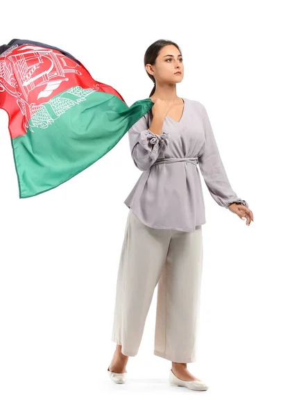 Mulher Muçulmana Com Bandeira Afeganistão Fundo Branco — Fotografia de Stock
