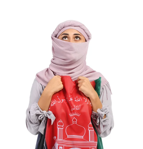 Muslimská Žena Vlajkou Afghánistánu Bílém Pozadí — Stock fotografie