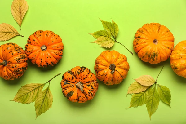 Composición Con Calabazas Frescas Hojas Sobre Fondo Color Primer Plano —  Fotos de Stock