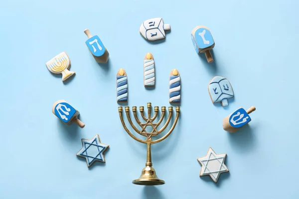 Tasty Cookies Hanukkah Celebration Menorah Dreidels Color Background — Stock Photo, Image