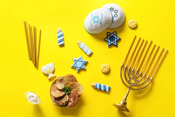 Different Symbols Hanukkah Color Background — Stock Photo, Image