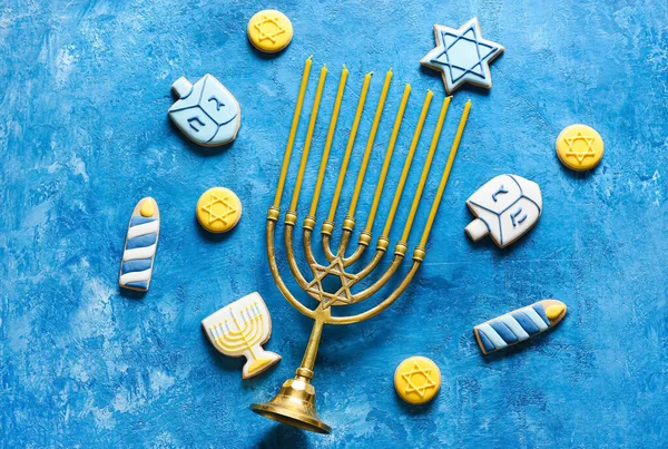 Tasty Cookies Hanukkah Celebration Menorah Color Background — Stock Photo, Image