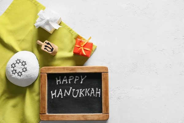 Chalkboard Text Happy Hanukkah Gifts Jewish Hat Sevivon White Background — Stock Photo, Image