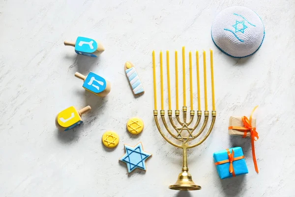 Different Symbols Hanukkah Light Background — Stock Photo, Image