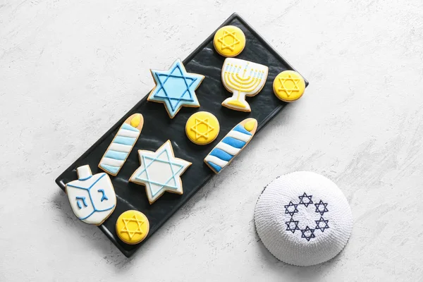 Tasty Cookies Hanukkah Celebration Jewish Hat White Background — Stock Photo, Image