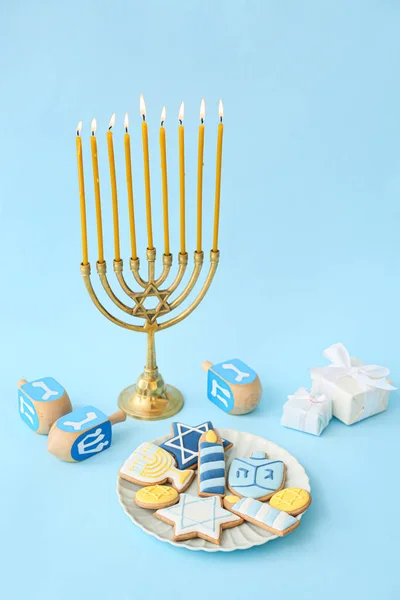 Smakliga Kakor För Hanukkah Fest Med Dreidels Och Menorah Färg — Stockfoto