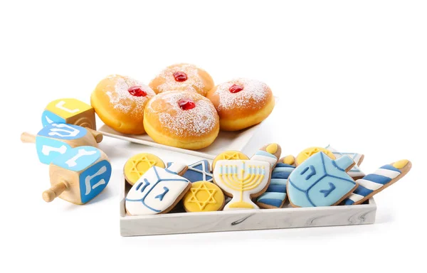 Biscuits Savoureux Beignets Pour Célébration Hanoukka Avec Des Dreidels Sur — Photo