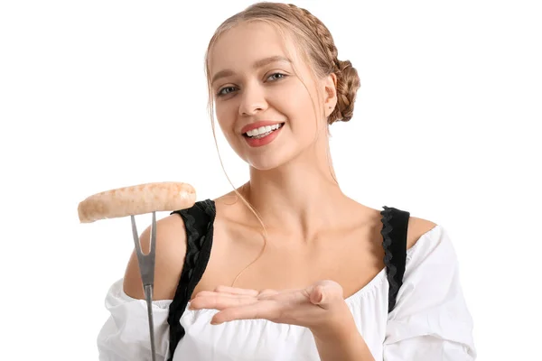 Mulher Bonita Traje Tradicional Alemão Com Salsicha Fundo Branco — Fotografia de Stock