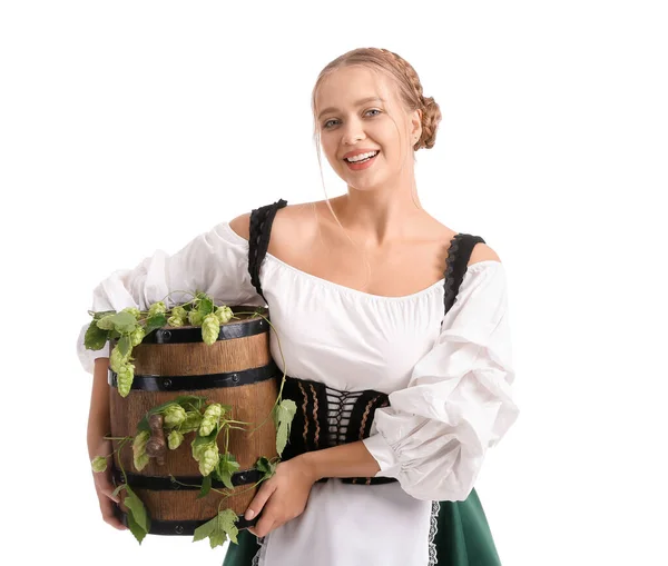 Vacker Kvinna Traditionell Tysk Kostym Och Med Fat Vit Bakgrund — Stockfoto