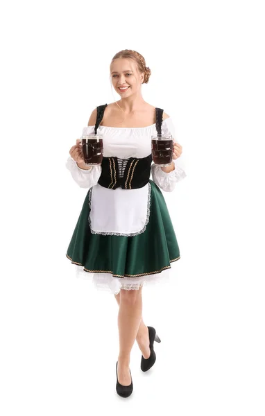 Belle Femme Costume Traditionnel Allemand Avec Des Tasses Bière Sur — Photo