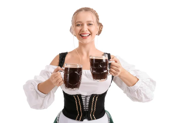 Vacker Kvinna Traditionell Tysk Kostym Och Med Muggar Vit Bakgrund — Stockfoto