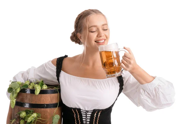 Beautiful Woman Traditional German Costume Barrel Drinking Beer White Background — Stock Photo, Image