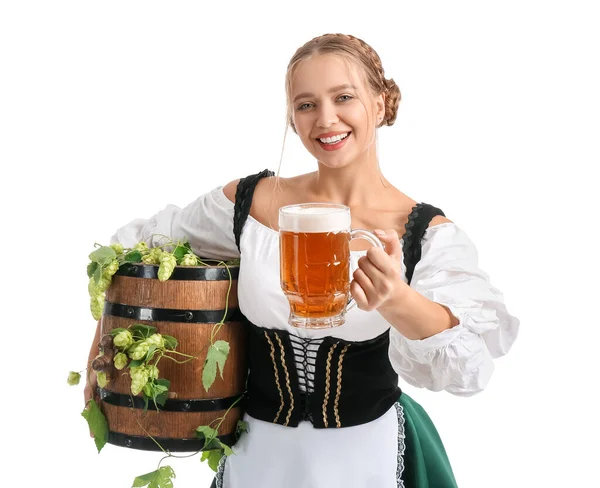 Schöne Frau Tracht Mit Fass Und Krug Bier Auf Weißem — Stockfoto