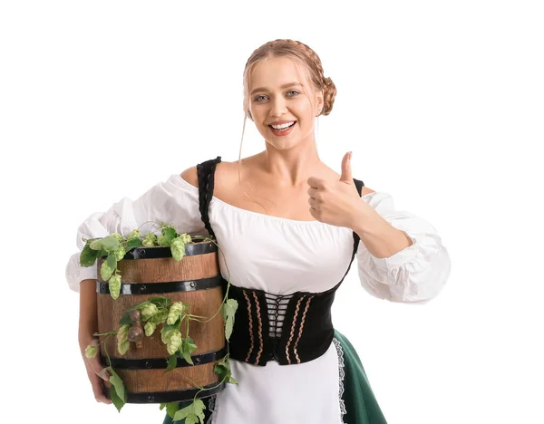 Mooie Vrouw Traditioneel Duits Kostuum Met Vat Bier Met Duim — Stockfoto