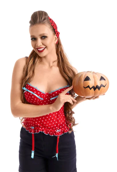 Sexig Ung Kvinna Med Halloween Pumpa Vit Bakgrund — Stockfoto