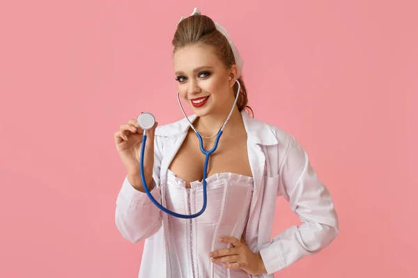 Sexy Young Woman Dressed Doctor Color Background — Stock Photo, Image