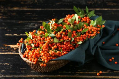 Koyu ahşap arka planda olgun yaban mersini dolu sepet.